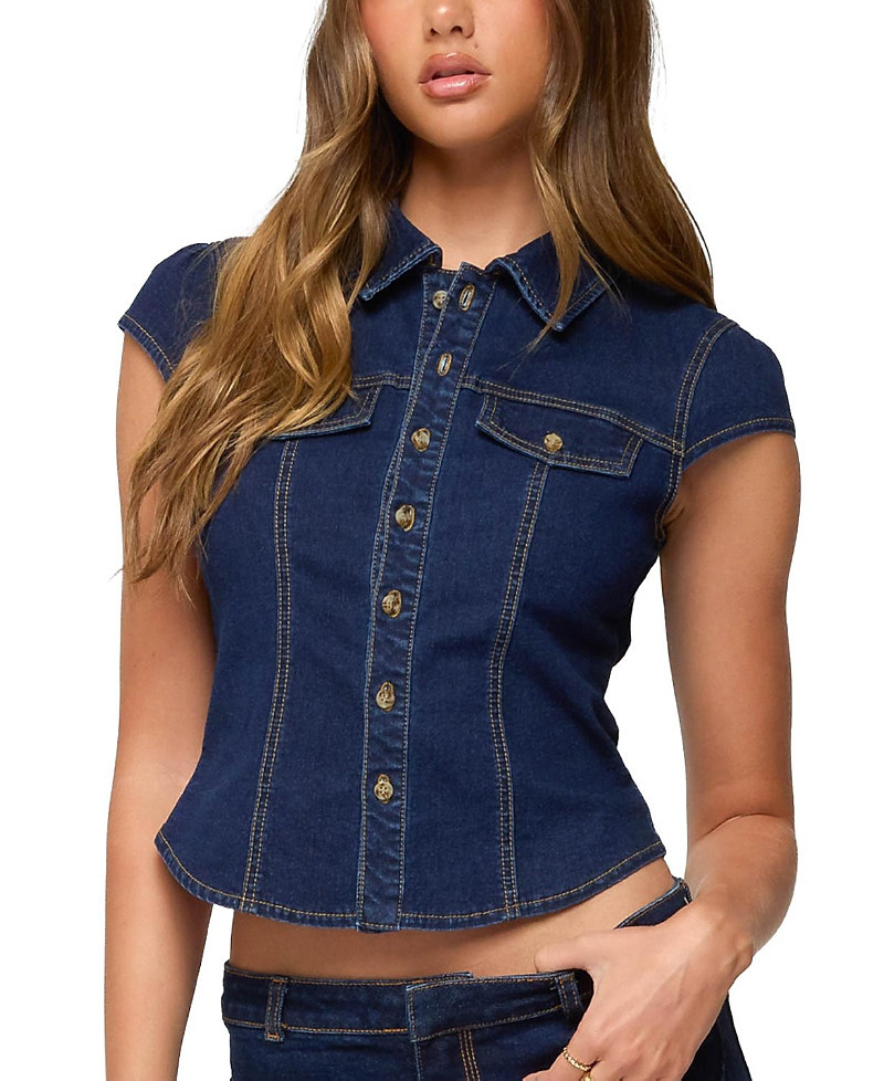 Edikted Contrast Stitch Button Up Denim Shirt | Bloomingdale's (US)