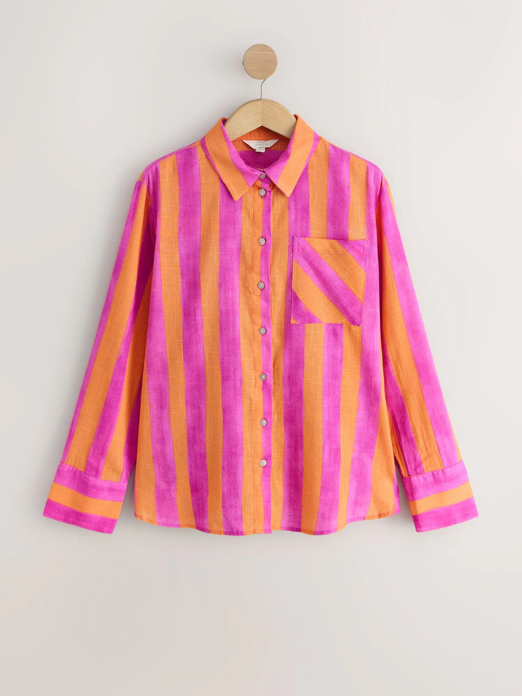 Pink/Orange Stripe Relaxed Long Sleeve Shirt With Linen | Next US