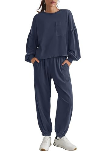 Yanekop Womens Lounge Sets 2 Piece Outfits Matching Workout Sets Athleisure Jogger Sets Tracksuit with Pockets(Navy Blue,S) | Amazon (US)