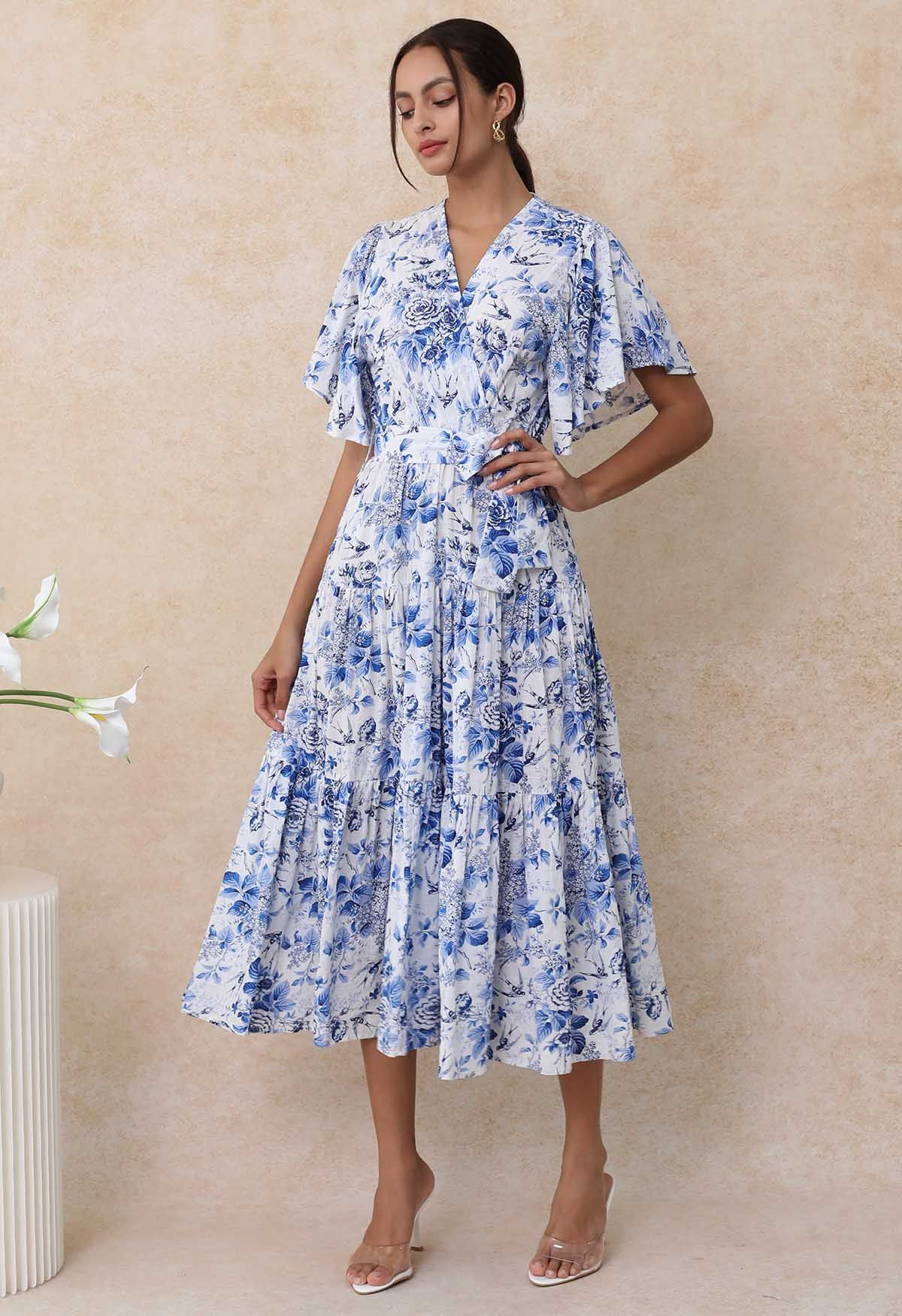Swallow and Peony Printed Flutter Sleeve Faux-Wrap Dress | Chicwish