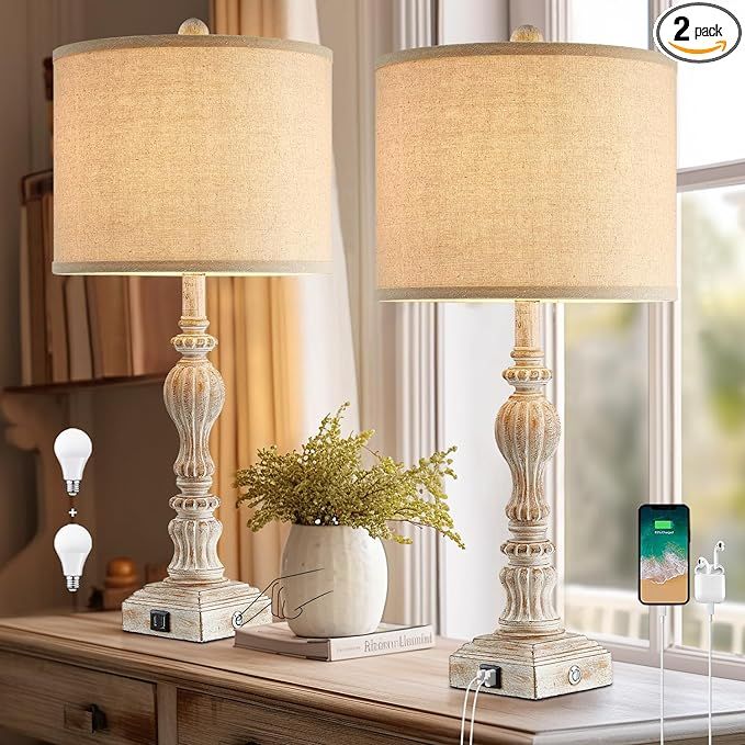 Vintage Farmhouse Table Lamp Set of 2 with USB A+C for Living Room Rustic Table Lamp 27" Tall 3-W... | Amazon (US)