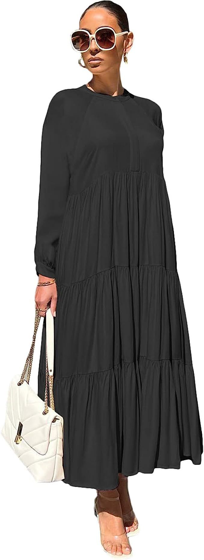 Ryehack Women’s Casual Pleated Long Sleeve Maxi Dress Crew Neck Ruffle Swing Flowy Bodycon Long... | Amazon (US)