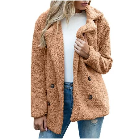 Women Fleece Jacket Fuzzy Lapel Sherpa Lined Coat Button Down Thickened Lightweight Outerwear with P | Walmart (US)