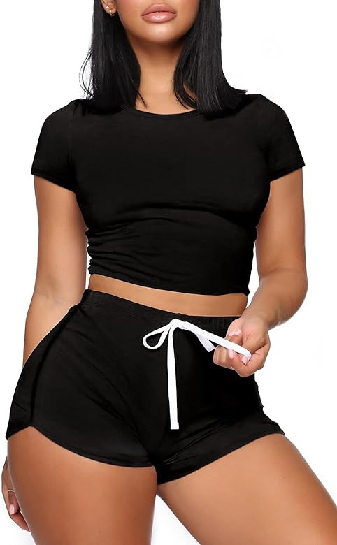 XIEERDUO Two Piece Outfits for Women Short Sleeve Round Neck Workout Sets | Amazon (US)