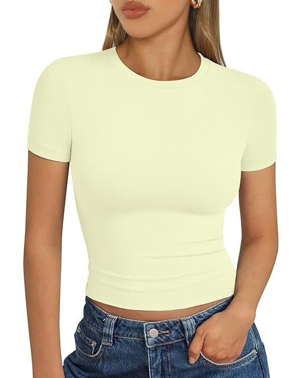Trendy Queen Womens Short Sleeve T Shirts - Buttery Soft Summer Crop Tops Slim Fit Y2k Basic Tees... | Amazon (US)
