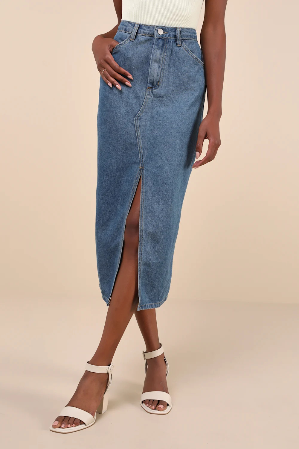 Darling Trend Medium Wash Denim Midi Skirt | Lulus