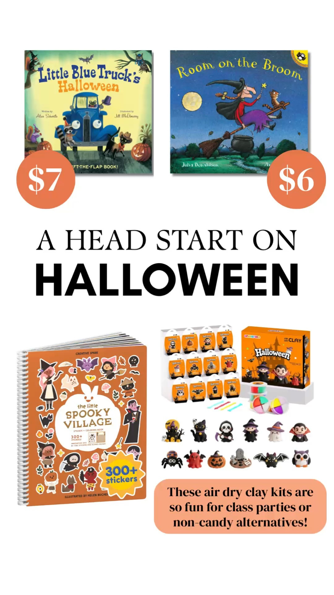 I know it’s barely even September, but if you are wanting a head start on Halloween, there are some great Halloween book prices, fun sticker books, and air dry clay kits (these would be so fun for class parties or non-candy alternatives).

#LTKSeasonal #LTKKids