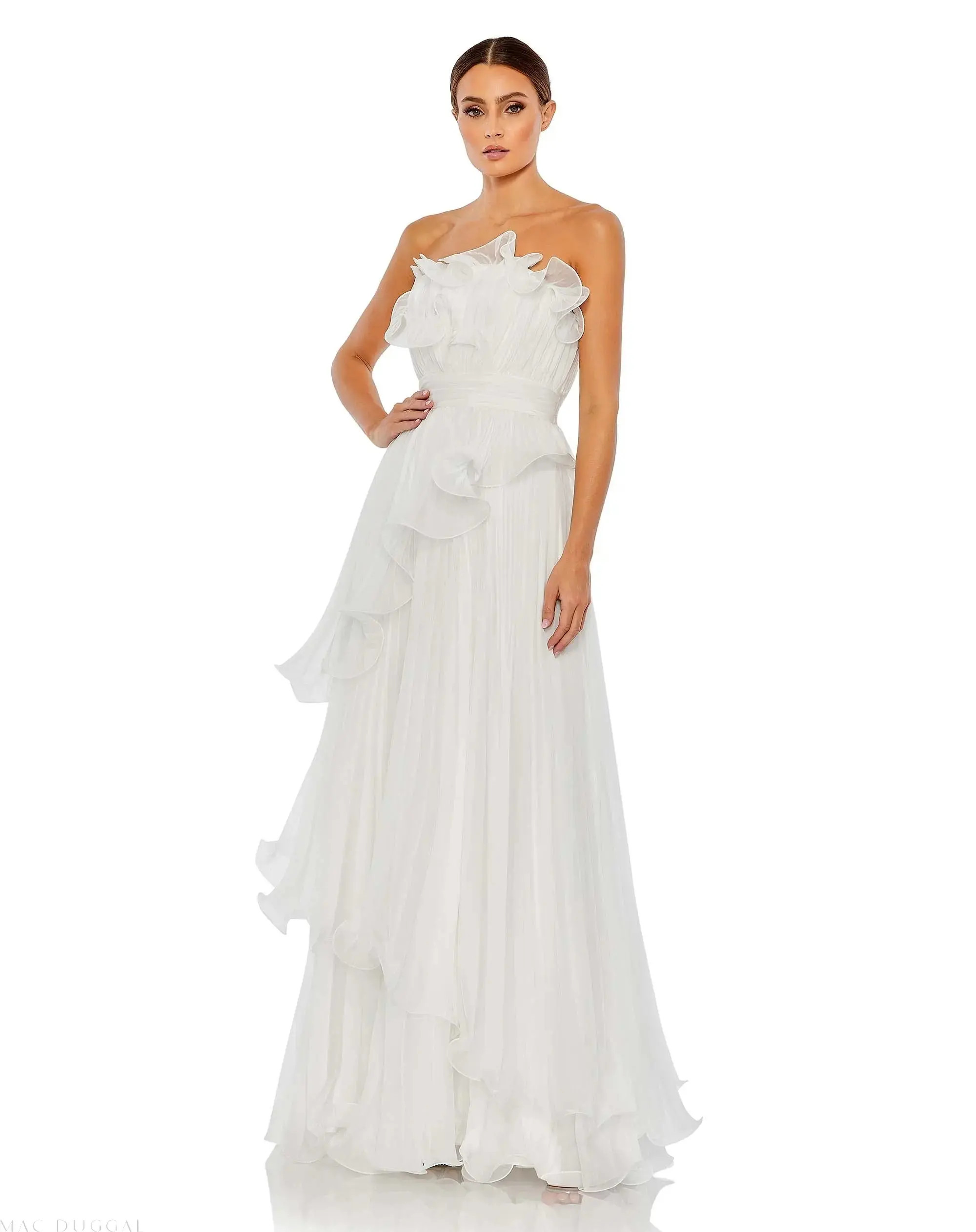 White Pleated Tiered Ruffled Strapless Gown - Mac Duggal | Mac Duggal