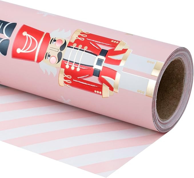 LeZakaa Reversible Christmas Wrapping Paper Roll - Pink Metallic Foil Gift Wrap Paper with Nutcra... | Amazon (US)