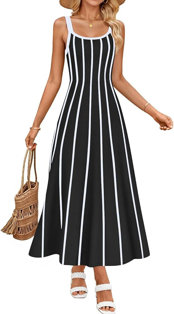 ZESICA Womens 2026 Summer Sleeveless Striped Midi Dresses Casual A Line Swing Knit Long Dress Bea... | Amazon (US)