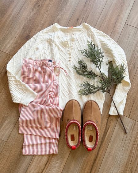 Cozy pajamas. Winter loungewear. Christmas loungewear. Red striped pajamas. Cable knit sweater. Tazz. 

#LTKSeasonal #LTKHoliday #LTKGiftGuide