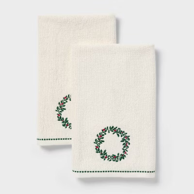 2pk Holly Wreath Christmas Hand Towels Cream - Threshold™ | Target