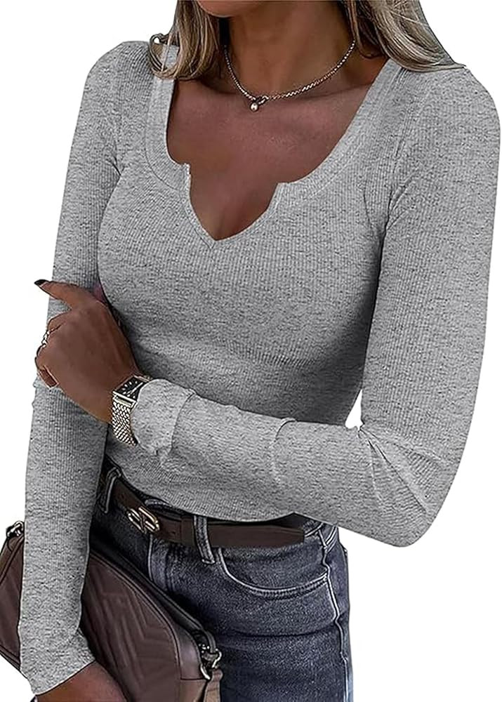 Roselux Women V Neck Ribbed Long Sleeve Shirt Fitted Basic Slim Knit Top | Amazon (US)