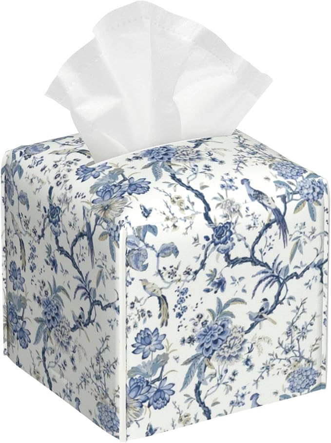 Blue Flower and Bird Tissue Box Cover Leather Tissue Box Holder Square Facial Paper Organizer Dis... | Amazon (US)