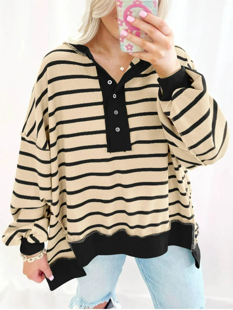 Womens Oversized Color Block Striped Sweatshirts Henley Shirts Casual Pullover Waffle Knit Tops | Walmart (US)