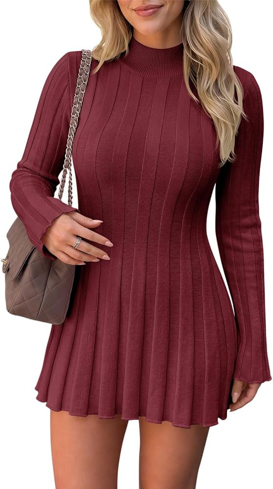 Saodimallsu Womens Mock Neck Sweater Dress Long Bell Sleeve Knit Mini Dress | Amazon (US)