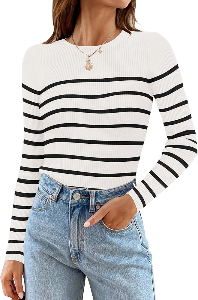 ZESICA Women's Long Sleeve Crewneck Striped Shirts 2024 Fall Ribbed Knit Sweater Slim Fitted Casu... | Amazon (US)