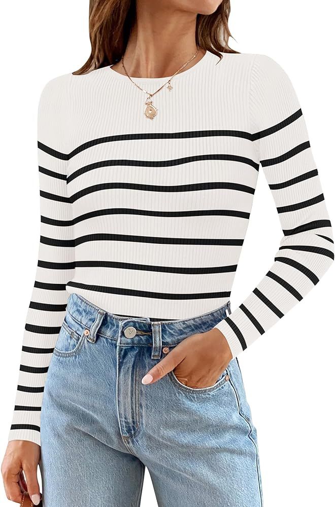 ZESICA Women's Long Sleeve Crewneck Striped Shirts 2024 Spring Fall Ribbed Knit Sweater Slim Fitt... | Amazon (US)