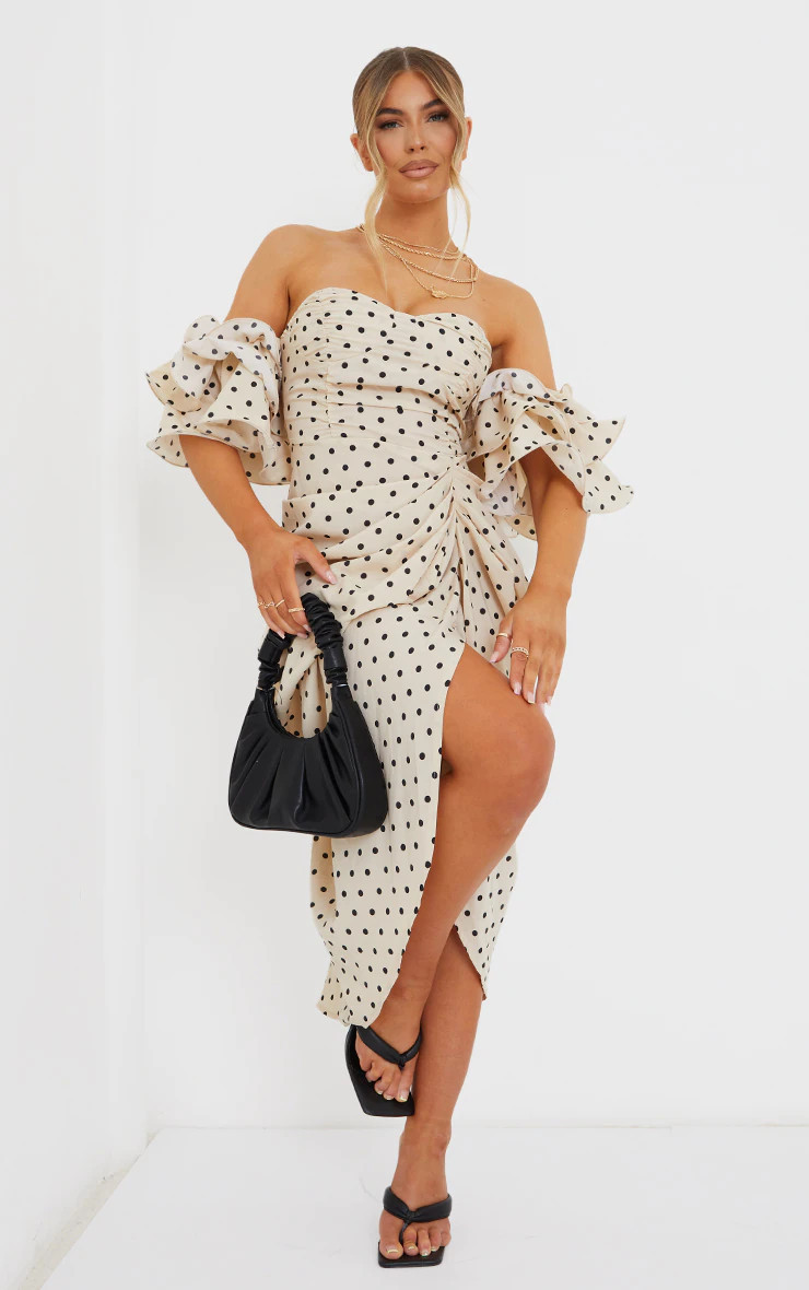 Cream Polka Dot Bardot Frill Sleeve Draped Midi Dress | PrettyLittleThing UK