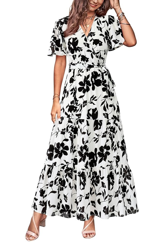 MASCOMODA Womens Summer Swiss Dot Maxi Dressses Wrap V Neck Flutter Short Sleeve Boho Casual Flow... | Amazon (US)