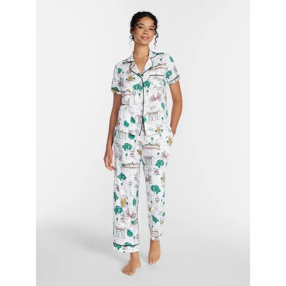 Joyspun Women's Dreamy Soft Collection Notch Collar Top and Capri Pants Pajama Set, 2-Piece, Size... | Walmart (US)