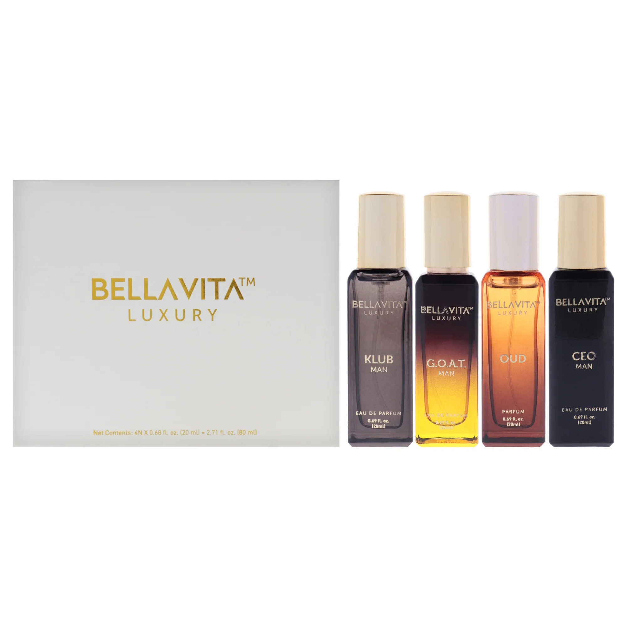 Luxury Perfume Gift Set by Bellavita for Men - 4 Pc Gift Set 0.69oz Ceo EDP Spray, 0.69oz Oud Parfum Spray, 0.69oz Klub EDP Spray, 0.69oz G. o.a. t. EDP Spray | Shop Simon