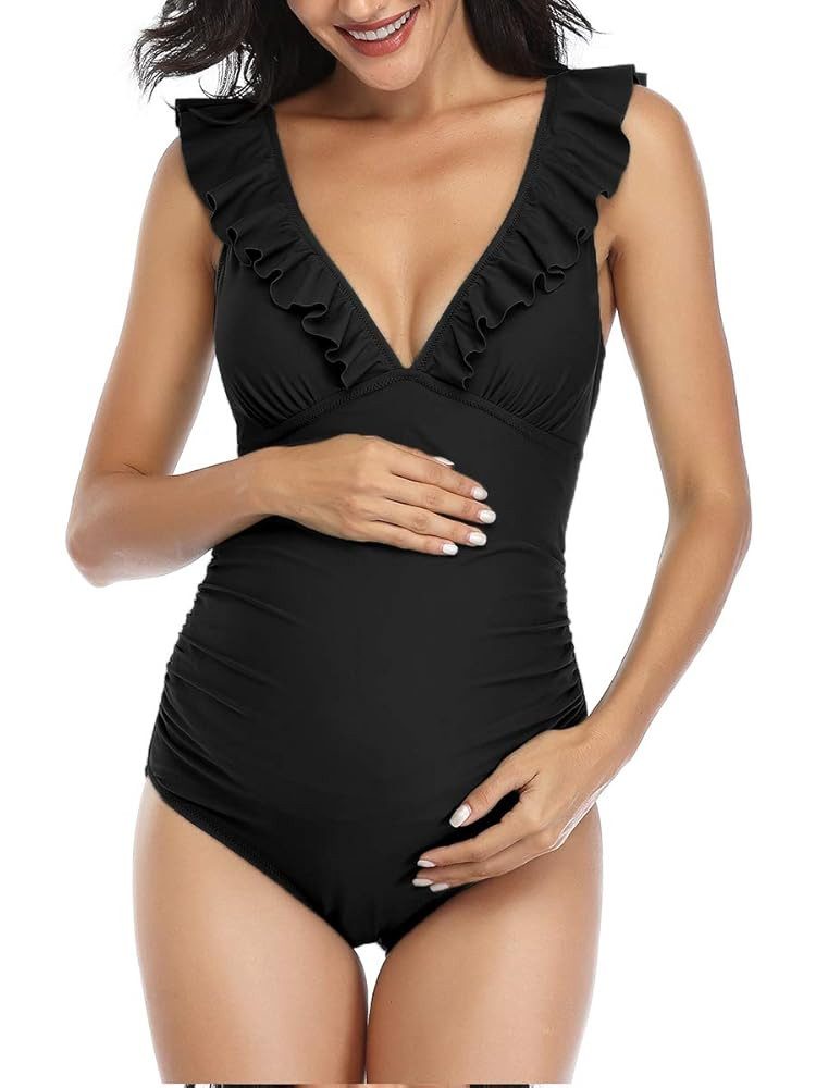 Summer Mae Ruffle Maternity Swimsuit One Piece V-Neck Pregnancy Bathing Suit Lace Up Swimwear Pus... | Amazon (US)