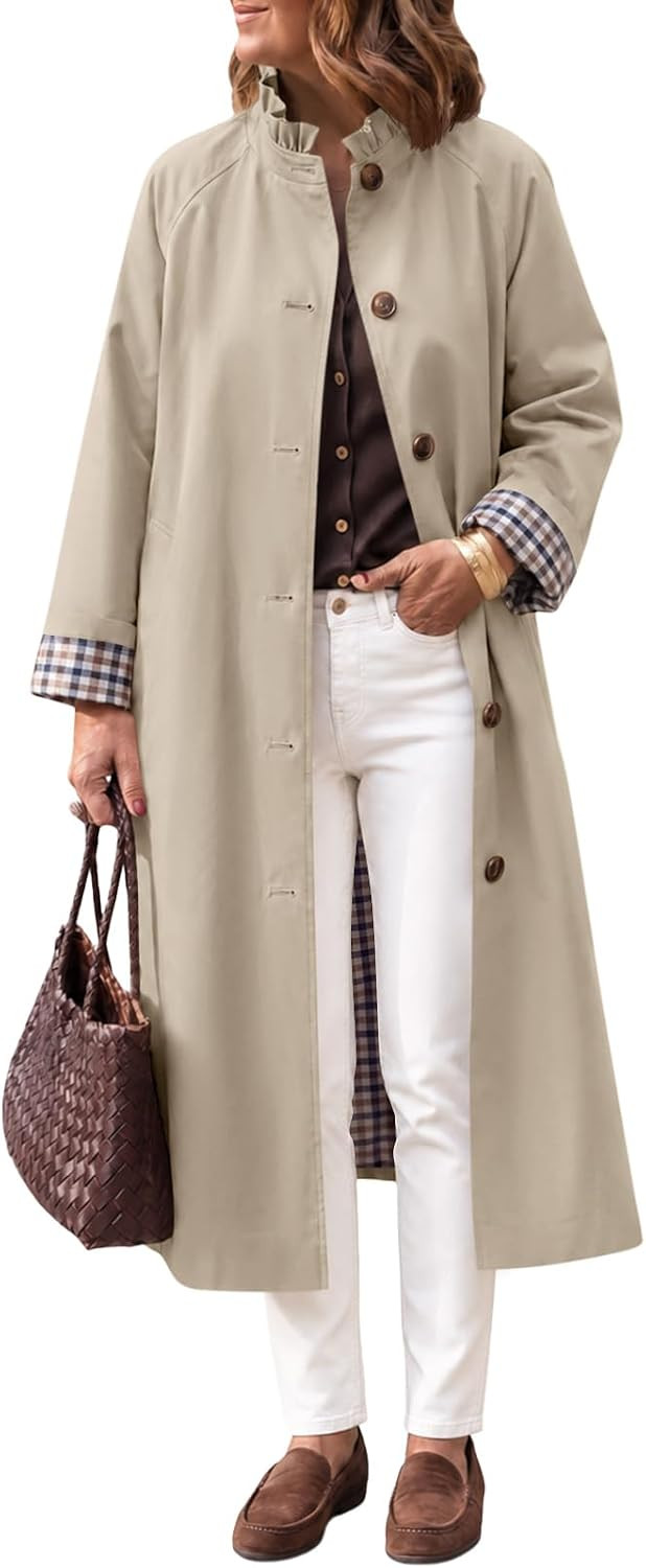 Tankaneo Womens Trench Coat Ruffle Collar Plaid Lining Long Jacket | Amazon (US)