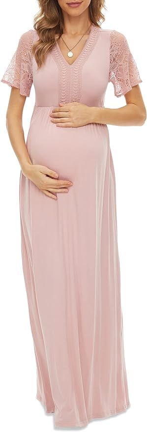 Y Lace Neckline Maternity Dress Lace Short Sleeve Maternity Maxi Dress for Baby Shower Maternity ... | Amazon (US)