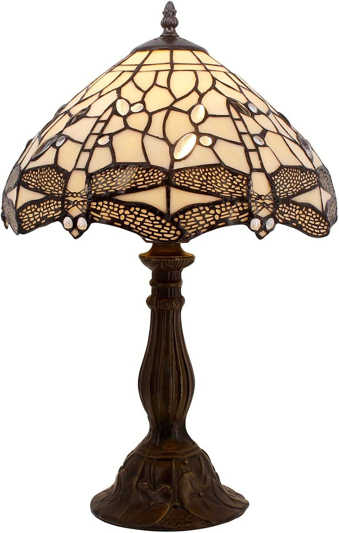 WERFACTORY Tiffany Lamp Cream Stained Glass Dragonfly Bedside Table Lamp | Desk Reading Light 12X... | Amazon (US)