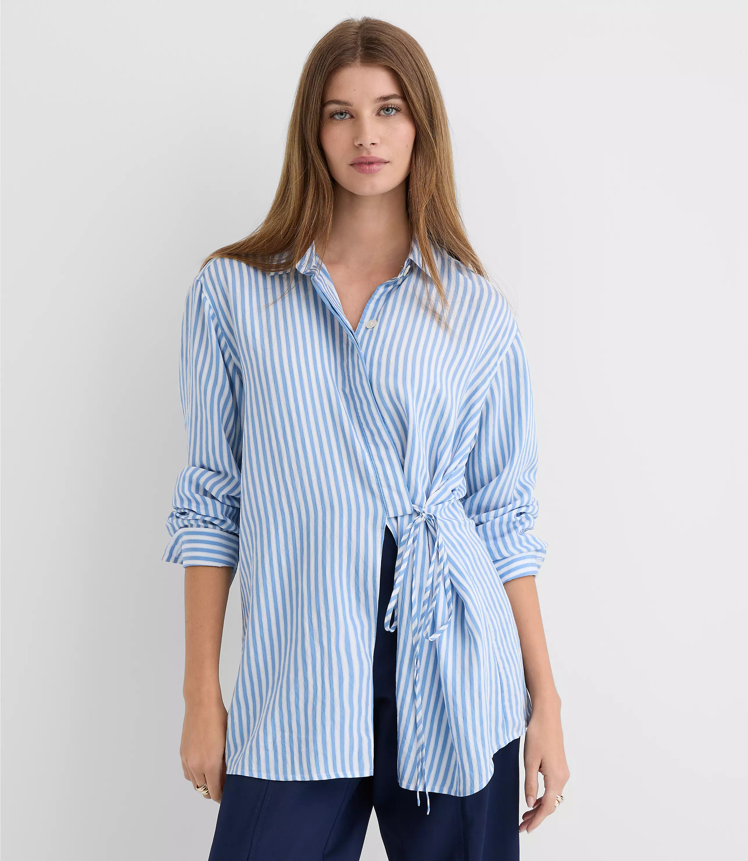Striped Asymmetrical Side Tie Tunic Shirt | LOFT