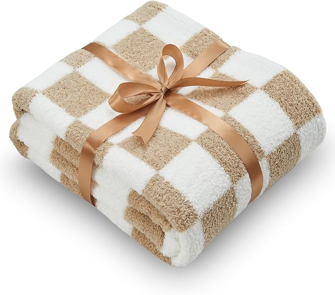 NEWCOSPLAY Knitted Brown White Checkered Blanket Super Soft Plush Throw for Couch Fuzzy Fluffy Mi... | Amazon (US)