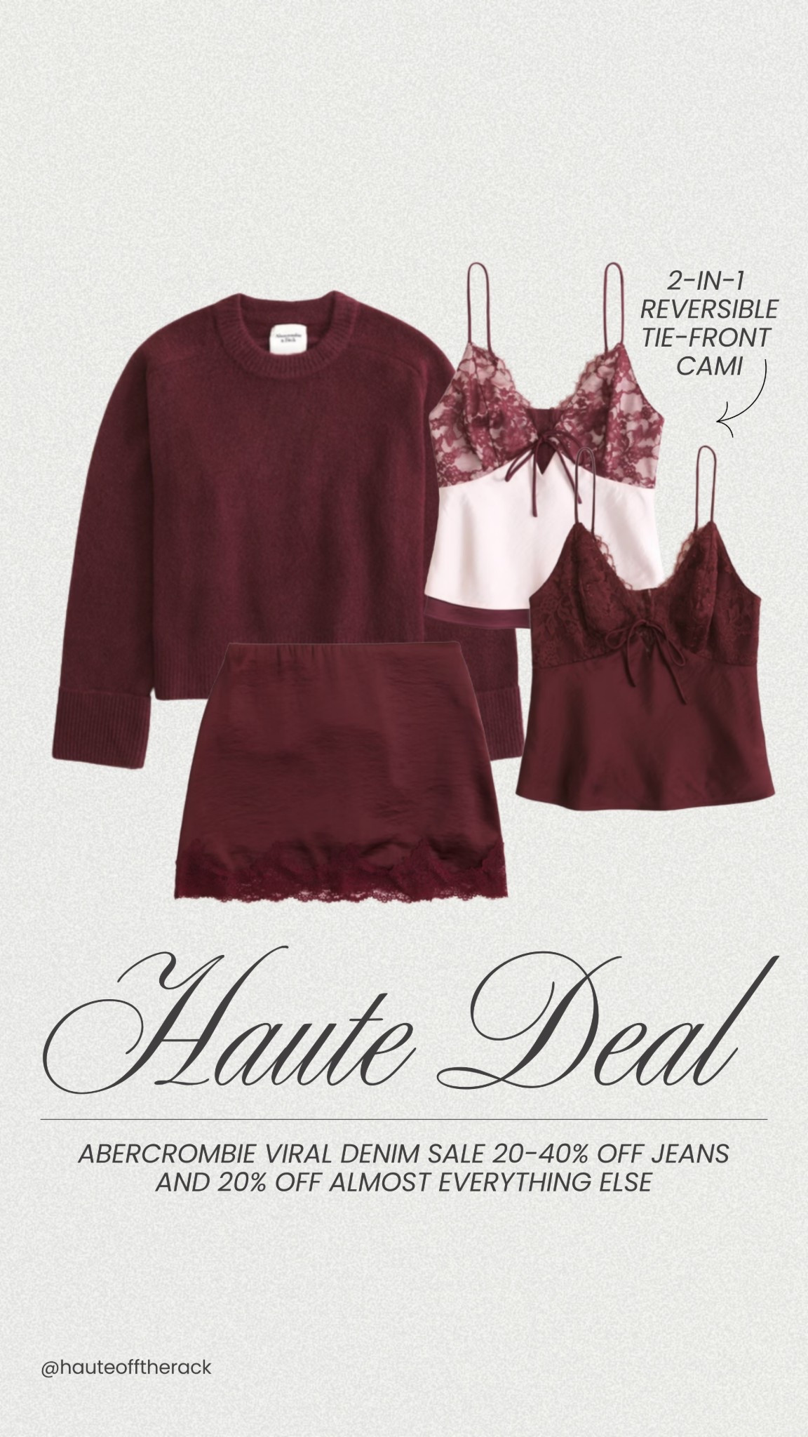 Haute deal:
VIRAL DENIM SALE 20-40% OFF JEANS
20% OFF ALMOST EVERYTHING ELSE
+ extra 15% OFF with code: DENIMAF

How precious is this reversible tie front cami for valentines day!

#abercrombie #salealert #valentinesday #datenightoutfit #galentinesday 

#LTKValentine #LTKSeasonal #LTKSaleAlert