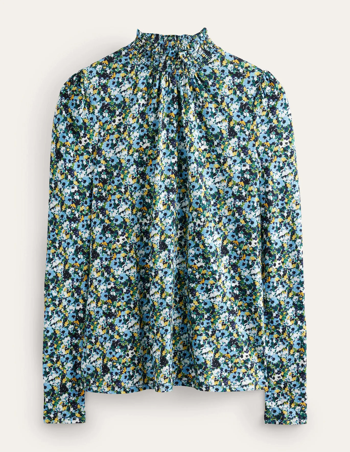 Smocked Neck Printed Top - Navy, Floral | Boden US | Boden (US)