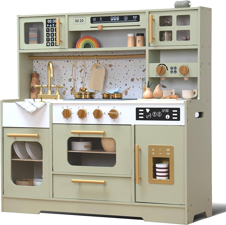 Kids Wooden Play Kitchen Set – Realistic Pretend Play Kitchen with Stove, Sink, Coffee Maker, I... | Amazon (US)