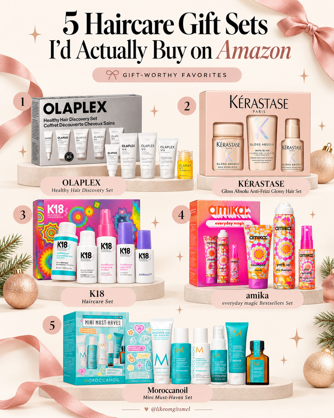 Skip the generic gift sets — these are the haircare gifts I’d actually want to unwrap. 🎀👀 

Think OLAPLEX, K18, Kérastase, amika + Moroccanoil favorites bundled into gifts that feel luxe AND will actually get used.

✨ OLAPLEX Healthy Hair Discovery Set — repair-focused favorite  
🎀 Kérastase Gloss Absolu Set — glossy, smoother-looking hair  
💜 K18 Haircare Set — bond-repair favorites  
🌸 amika Everyday Magic Set — bestselling hair essentials  
🩵 Moroccanoil Mini Must-Haves — perfect for travel + trying the brand

Five very safe bets for the haircare-obsessed girl on your list. 🎁

📌 Save for haircare gifts + Amazon beauty gift ideas!

Everything is Linked! ↓ 

 #LTKSaleAlert #LTKBeauty #LTKTravel