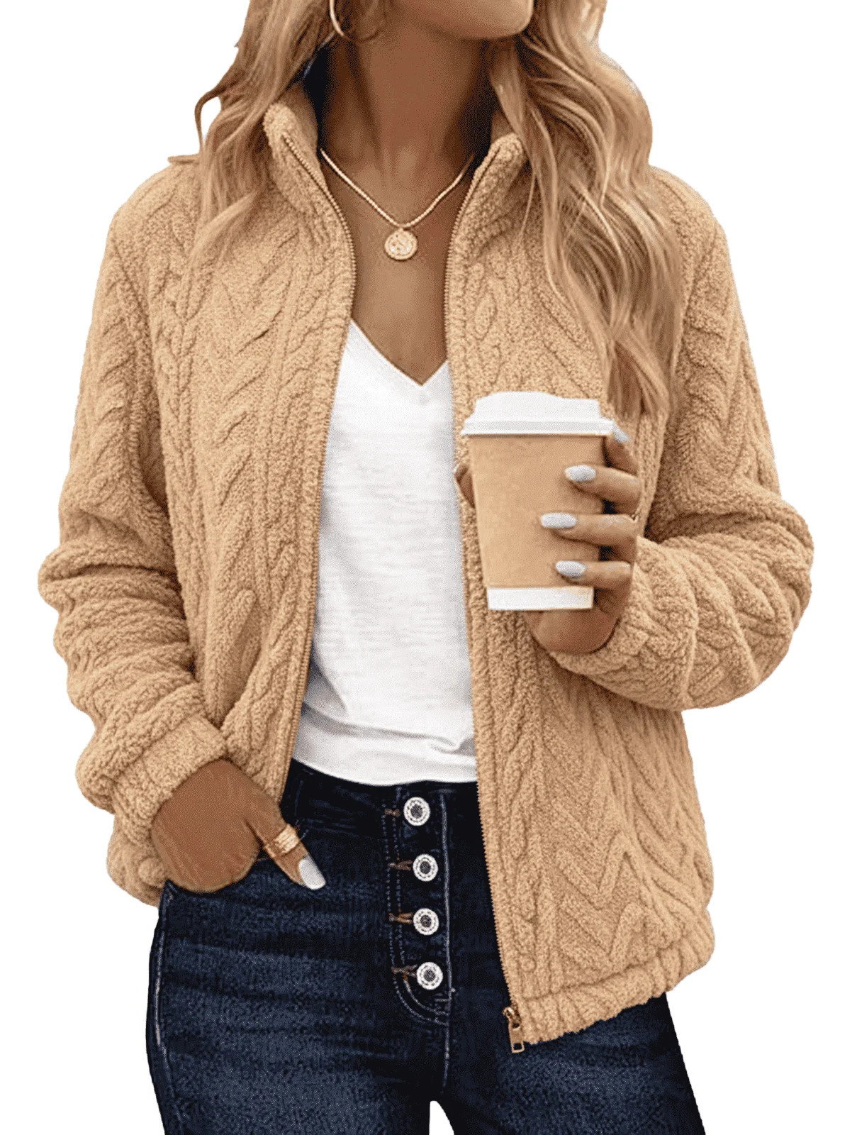 SOMER Fleece Jacket Women Fall Coats Sherpa Jacket Women Long Sleeve with Pockets Brown Zip up So... | Walmart (US)