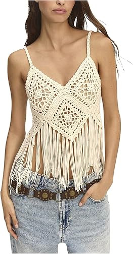 MakeMeChic Women's Crochet Cami Top Fringe Sleeveless Summer Beach Boho Knitted Crop Tops | Amazon (US)