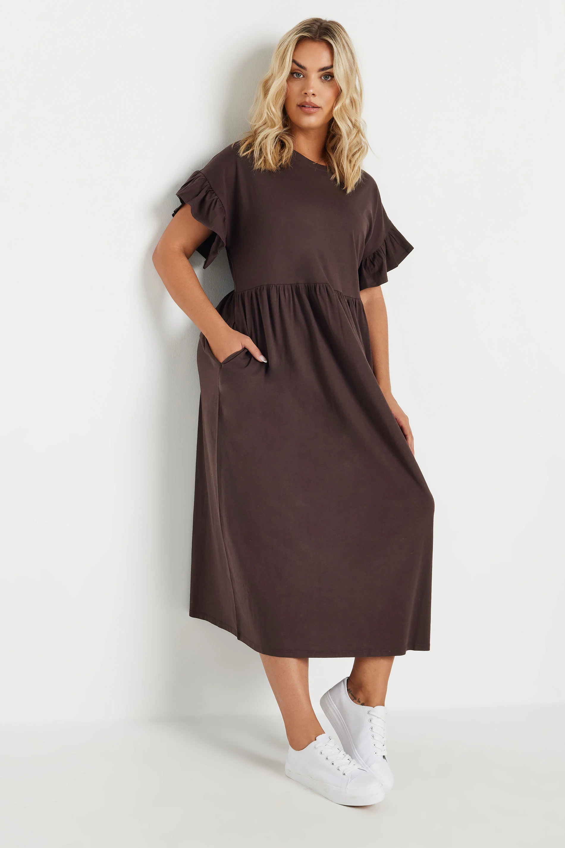 YOURS Plus Size Chocolate Brown Frill Cotton Midaxi Dress | Yours Clothing UK