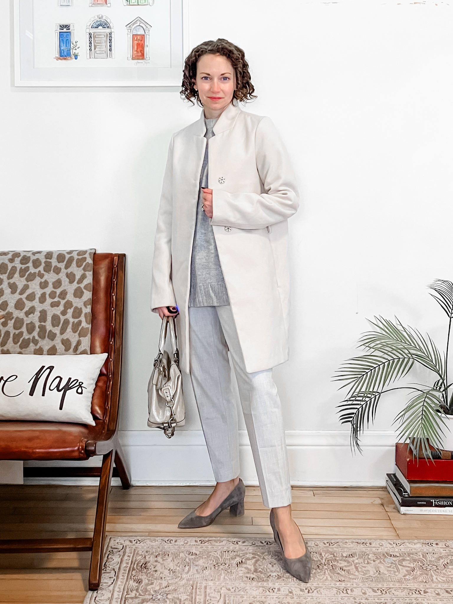 Grey business casual outfit!
Sweater from Grae Cove, linked similar. 
Wearing size 00 petite Banana Republic Factory pants, order your usual size. 
Size 6 Ally Shoes suede heels, order your usual size. 
Size XS H&M coat, old style, linked this year’s version. 
Petite outfit. Office outfit. Neutral outfit. Grey outfit. 

#LTKworkwear #LTKSeasonal #LTKshoecrush