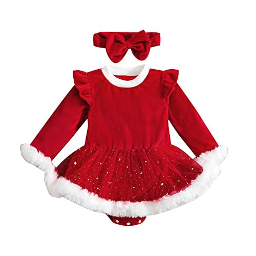 Newborn Baby Girls Christmas Romper Dress Fur Trim Mesh Skirts Bodysuits Velvet Xmas Outfits Winter Clothes (red,6-12 Months) | Amazon (US)