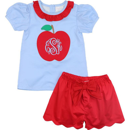 Red And Blue Apple Applique Short Set | Cecil and Lou
