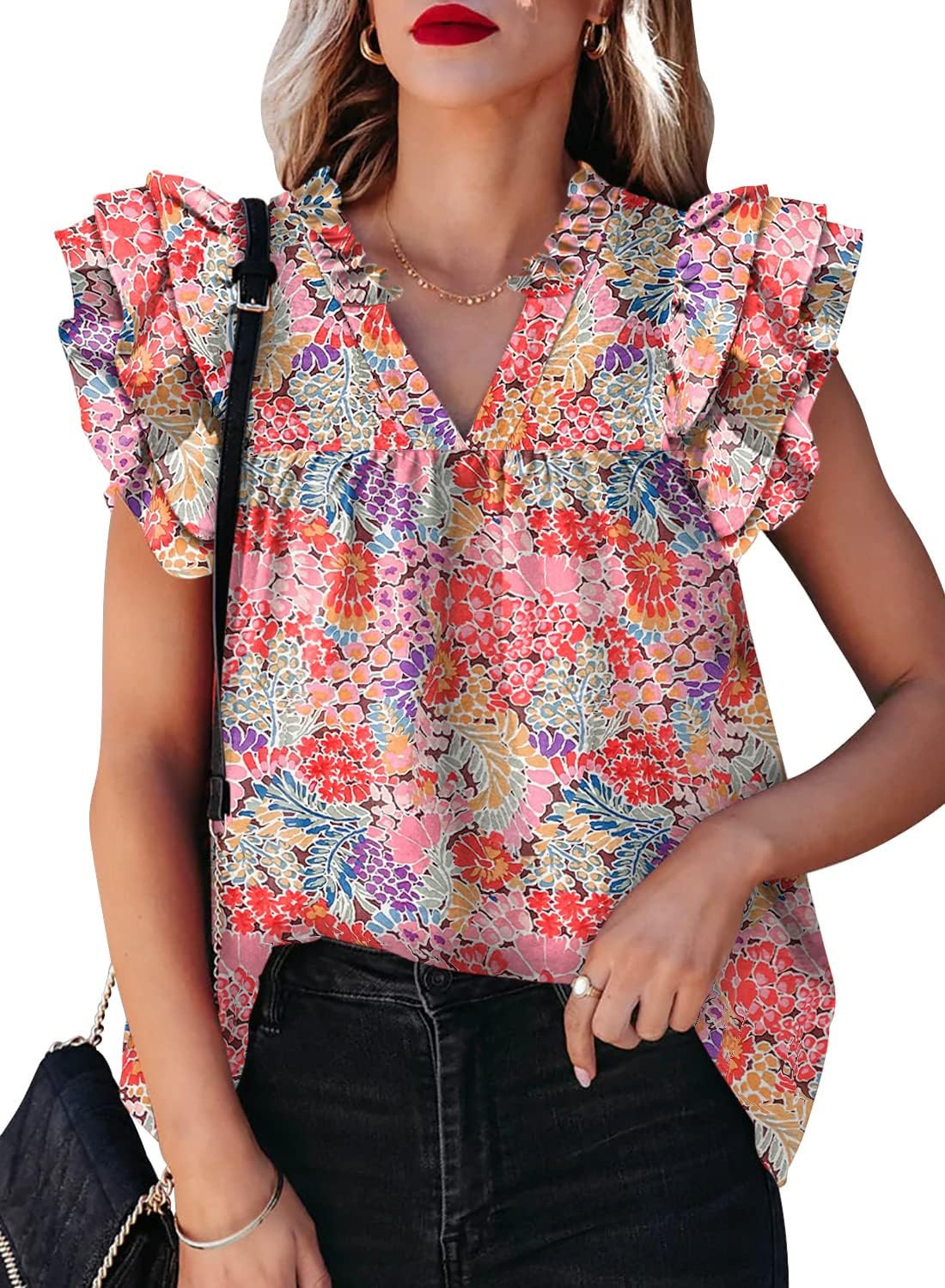 LOLONG Womens V Neck Ruffle Long/Short Sleeve Tops Dressy Casual Floral Boho Blouses Shirts | Amazon (US)