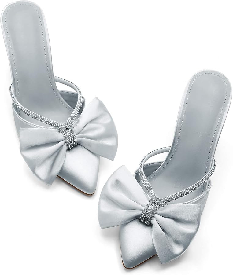 Coutgo Womens Bow Heels Mules Pointed Closed Toe Sandals Rhinestone Satin Backless Wedding Shoes | Amazon (US)