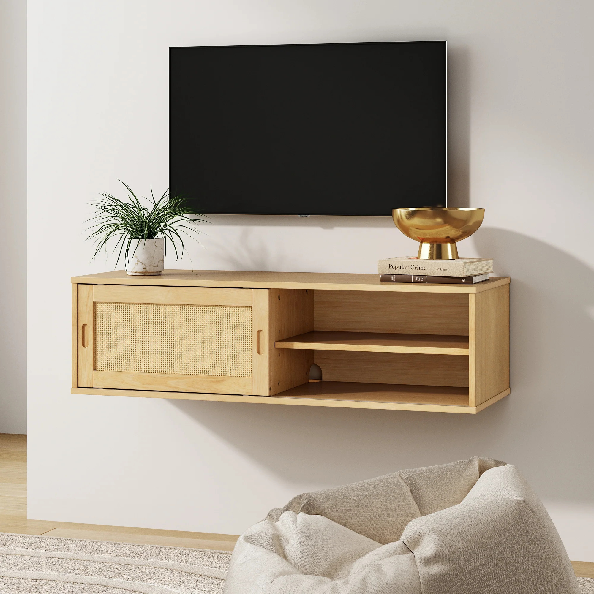 Wood & Rattan Wall Mount TV Cabinet | Nathan James
