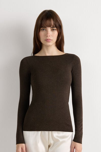 Intimissimi Crewneck Top in Modal Light with Cashmere Lamé Woman Brown Size S | Intimissimi (US)