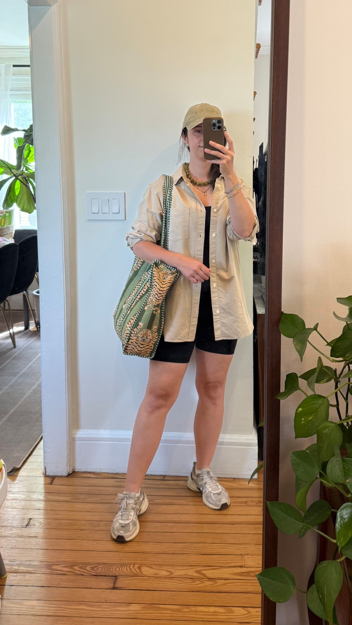 Toddler mom outfit, biker shorts (size M TTS), button down, Nike V2K run sneakers 