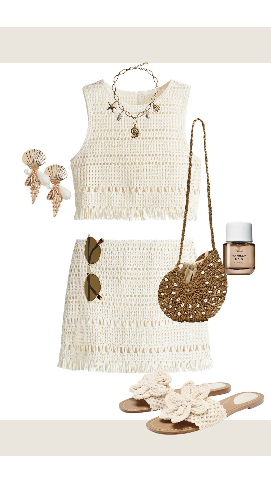 
Crochet co-ord set, mini skirt and matching top , seashell crossbody bag, beach accessories & Miu Miu sunglasses.
Sun-kissed crochet and natural textures, crochet, beach outfit, vacation outfit, holiday look, summer look, seashell accessories. Boho Elegance, H&M outfit, matching set. 
#BohoBabe #BeachsideChic


#LTKstyletip #LTKeurope #LTKuk