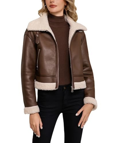 DIASHINY Women Fur Leather Jacket Faux Fur Lined Shearing Cropped Moto Biker Coat Brown M | Amazon (US)
