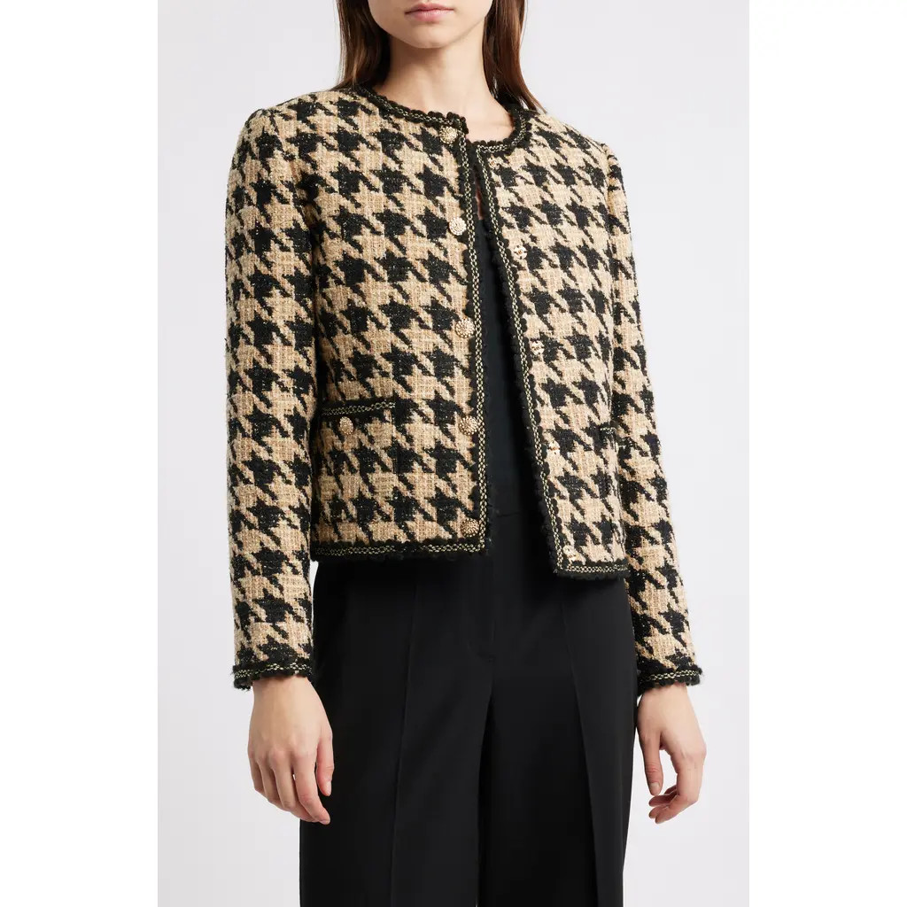 Elie Tahari The Juno Metallic Houndstooth Jacket in Brown Houndstooth at Nordstrom, Size Medium | Nordstrom